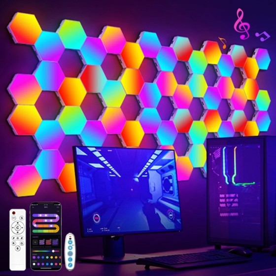 Panneaux LED Hexagonale Intelligent, Veilleuse Ambiante pour chambre, salle de jeux, bureau ou salon